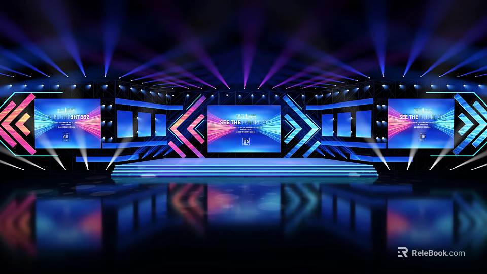 Modern Stage Setup With Colorful Lighting LED Screens And High Tech Backdrops 3d model 