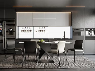 Modern Open Restaurant Interior With Dining Table Chairs And Kitchen Cabinets 3d model