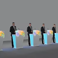 Men In Formal Suits Standing At Podiums With Colorful Maps And Blue Lights