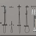 Modern Assortment Of Shower Heads With Handheld Sprayers Towel Racks And Bath Products