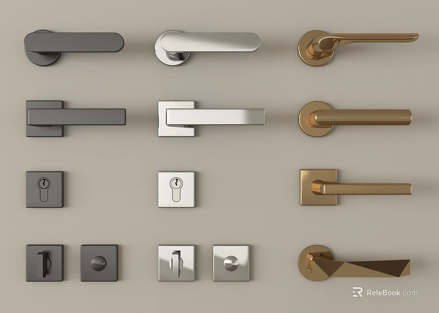 Various Modern Door Handles in Black Silver and Gold Designs 3d model 