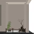 Indoor Cultural Exhibition Wall With Black White Drawings Texts Circular Sign And Green Plant