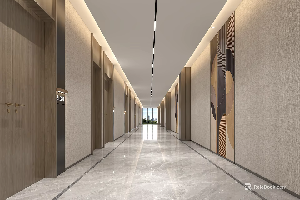 Bright Modern Hotel Corridor With Spacious Layout Marble Flooring Wooden Doors And Decorative Paintings 3d model 