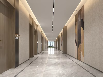 Bright Modern Hotel Corridor With Spacious Layout Marble Flooring Wooden Doors And Decorative Paintings 3d model