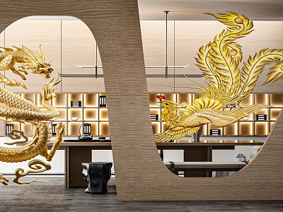 Modern Specialty Store Interior Featuring Golden Dragon And Phoenix Decor 3d model