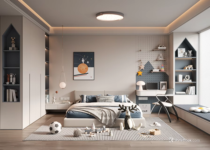 Modern Kids Room Interior With Bed Bookshelves Toys Desk Decorative Painting And Storage Rug 3d model 