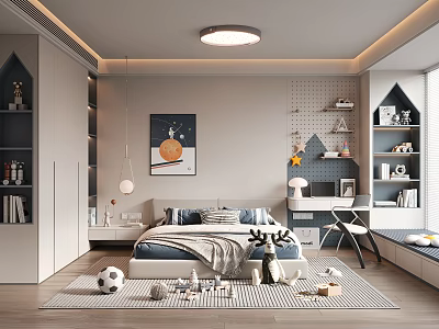 Modern Kids Room Interior With Bed Bookshelves Toys Desk Decorative Painting And Storage Rug 3d model