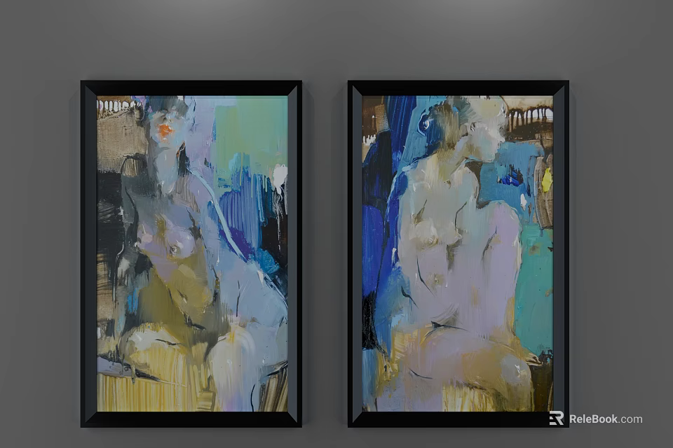Abstract Oil Paintings With Figure Art In Black Frames On Grey Wall 3d model 