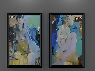 Abstract Oil Paintings With Figure Art In Black Frames On Grey Wall 3d model