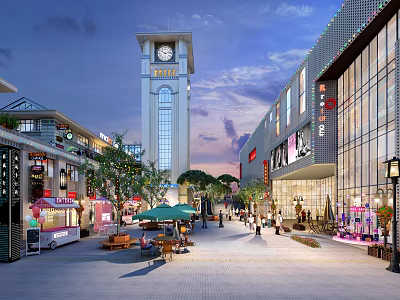 Lively Commercial Street With Clock Tower Shops Street Stalls Pedestrians And Outdoor Seating At Sunset 3d model