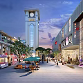Lively Commercial Street With Clock Tower Shops Street Stalls Pedestrians And Outdoor Seating At Sunset