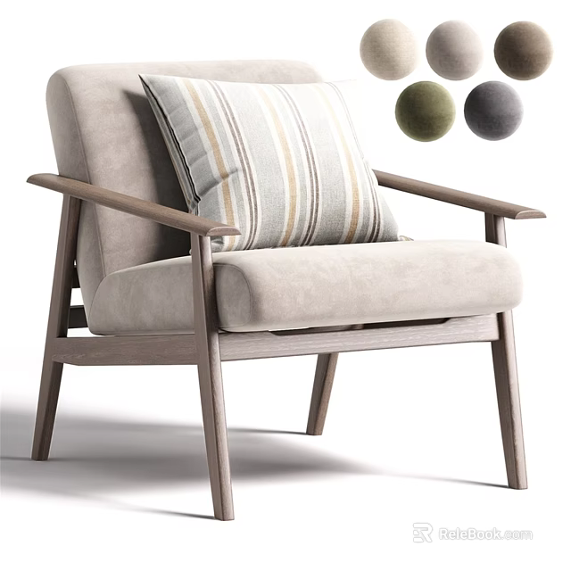 Modern Single Chair with Light Gray Fabric Wooden Armrests and Striped Cushion 3d model 