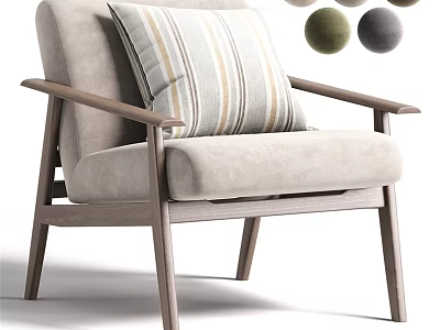 Modern Single Chair with Light Gray Fabric Wooden Armrests and Striped Cushion 3d model