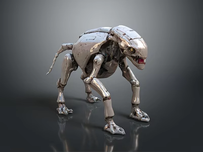 Futuristic Sci Fi Game Movie Character Silver Mechanical Beast With Articulated Joints Glowing Eyes 3d model