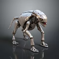 Futuristic Sci Fi Game Movie Character Silver Mechanical Beast With Articulated Joints Glowing Eyes