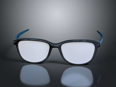 Stylish Black Rectangular Eyeglasses With Blue Temples And White Lenses On Smooth Surface With Reflection 3d model
