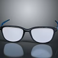 Stylish Black Rectangular Eyeglasses With Blue Temples And White Lenses On Smooth Surface With Reflection 3d model