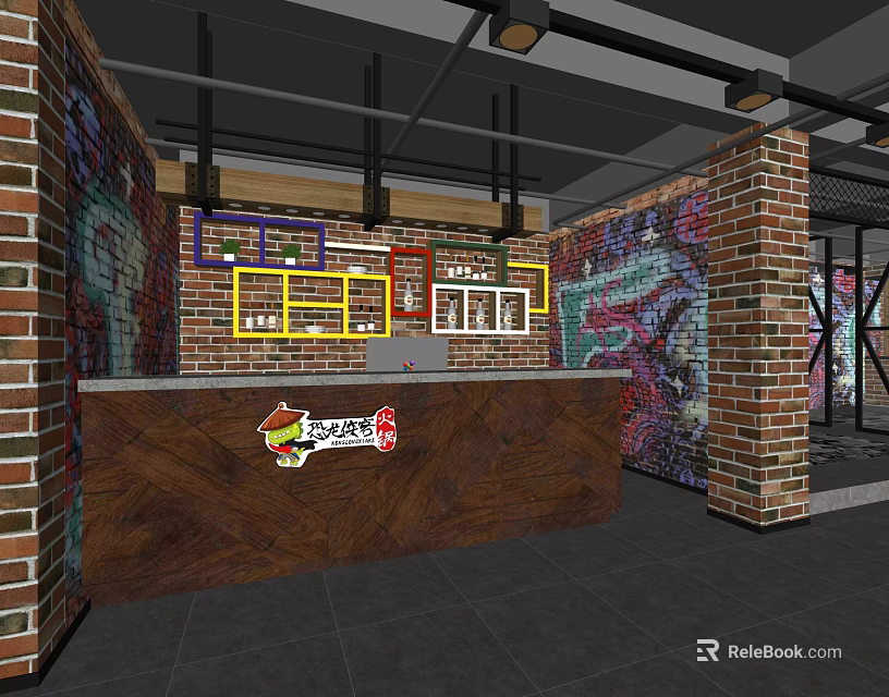 Hotel Lobby Interior With Brick Walls Graffiti Art And Wooden Reception Desk 3d model 