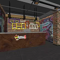 Hotel Lobby Interior With Brick Walls Graffiti Art And Wooden Reception Desk