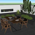 Patio Garden Accents With Wooden Dining Table Chairs And Large Leaf Green Plants