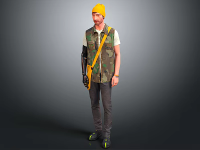 A Man Wearing Yellow Cap Camouflage Vest With Mechanical Prosthetic Arm And Yellow Crossbody Strap 3d model