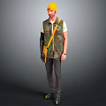 A Man Wearing Yellow Cap Camouflage Vest With Mechanical Prosthetic Arm And Yellow Crossbody Strap
