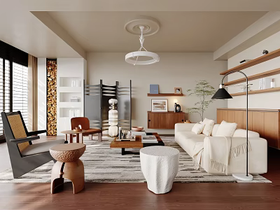 Modern Living Room Interior With White Sofa Wooden Coffee Table Rug Floor Lamp Bookshelf And Decorative Plants 3d model