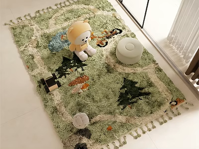 Green Shaped Rug With Cartoon Patterns And Tassels In Kids Room With Teddy Bear Stool 3d model