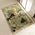 Green Shaped Rug With Cartoon Patterns And Tassels In Kids Room With Teddy Bear Stool