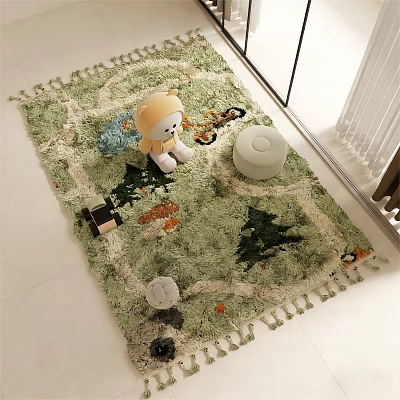 Green Shaped Rug With Cartoon Patterns And Tassels In Kids Room With Teddy Bear Stool 3d model