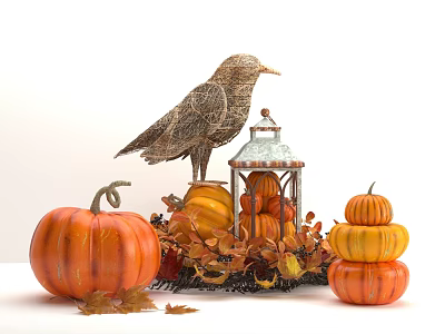 Fall Themed Decorative Ornament Set With Woven Bird Lantern Pumpkins And Autumn Leaves 3d model