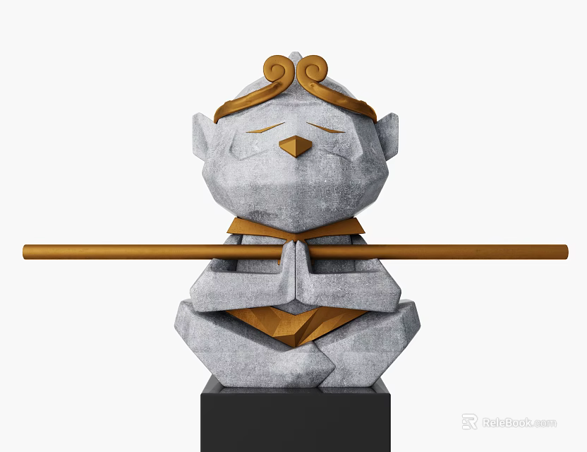 Decorative Ornament Set With Meditating Monkey Figure Stone Texture Golden Horns Wooden Staff Black Base 3d model 