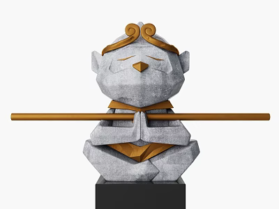Decorative Ornament Set With Meditating Monkey Figure Stone Texture Golden Horns Wooden Staff Black Base 3d model
