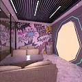 Modern Store Front Desk Interior With Blue Display Shelves Geometric Decor And Lighting