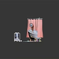 Cartoon Style Bathroom Scene Model With Pink Shower Curtain Bathtub Small Shelf And Colorful Bath Mats
