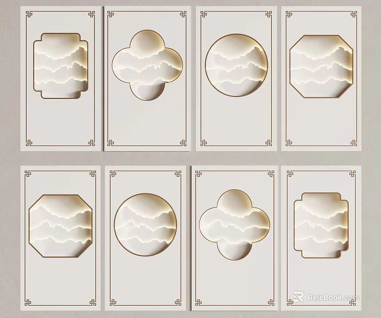 Decorative Wall Panels With Cloud Patterns And Various Shapes In Golden Frames 3d model