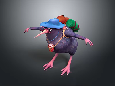 Cute Kiwi Bird Wearing Blue Hat With Colorful Backpack And Red Bucket Around Neck 3d model
