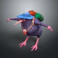 Cute Kiwi Bird Wearing Blue Hat With Colorful Backpack And Red Bucket Around Neck