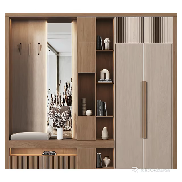 Modern Entryway Hallway With Wooden Design Mirror Hooks Shelves And Bench 3d model 