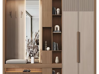 Modern Entryway Hallway With Wooden Design Mirror Hooks Shelves And Bench 3d model
