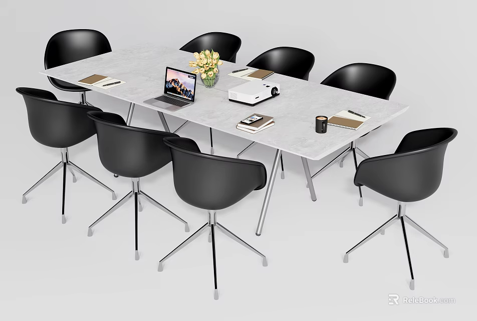 Modern Conference Table With White Top Black Chairs Laptop Flower Vase Coffee Mug And Documents 3d model 