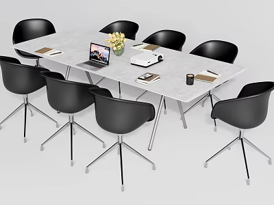 Modern Conference Table With White Top Black Chairs Laptop Flower Vase Coffee Mug And Documents 3d model