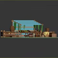 Rustic Market Stall Structure With Blue Roof Wooden Barrels Yellow Umbrellas And Shelves