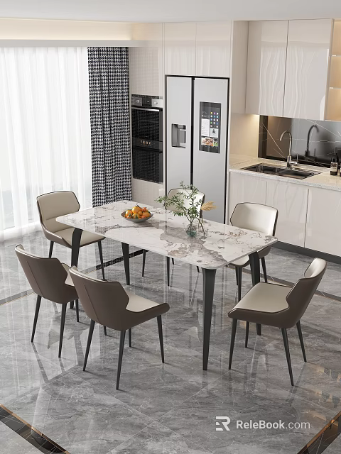 Elegant Modern Restaurant Dining Area With Marble Dining Table And Beige Chairs And Kitchen Appliances 3d model 