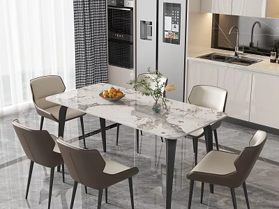 Elegant Modern Restaurant Dining Area With Marble Dining Table And Beige Chairs And Kitchen Appliances 3d model