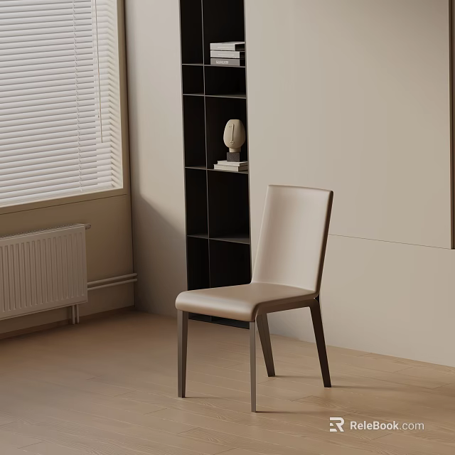 Elegant Beige Leather Dining Chair In Modern Interior With Black Bookshelf And Window Blinds 3d model 