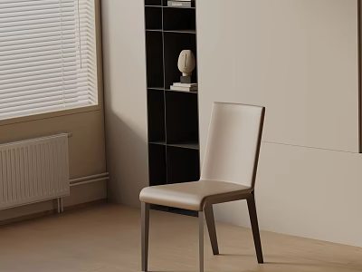 Elegant Beige Leather Dining Chair In Modern Interior With Black Bookshelf And Window Blinds 3d model