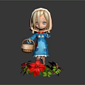 Chibi Girl In Blue Dress With White Hood Holding Basket And Red Poinsettias With Green Leaves