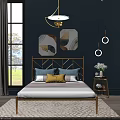 Modern Double Bed with Golden Frame on Blue Wall Featuring Geometric Art and Window View