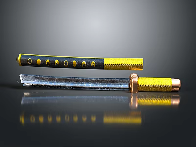 Traditional Katana With Black Yellow Sheath And Brass Hilt On Reflective Surface 3d model